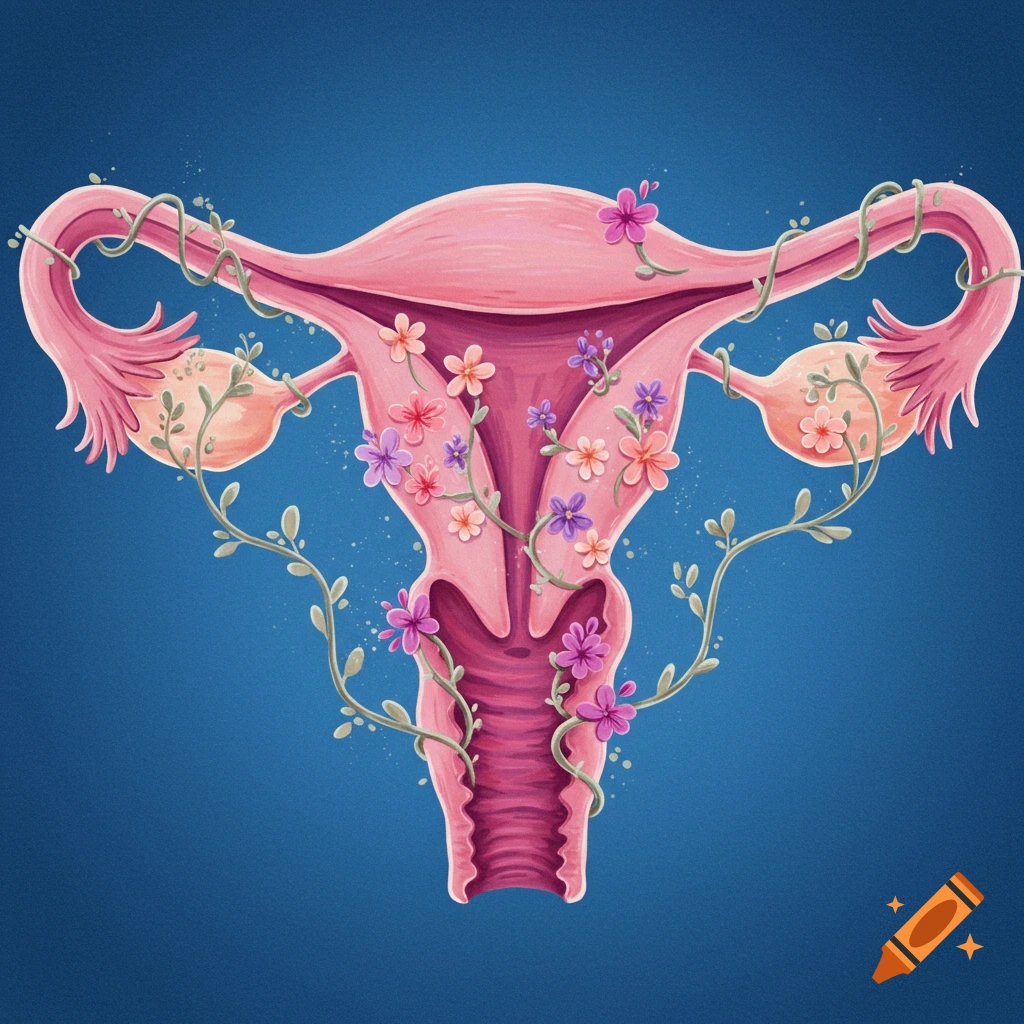 An illustration of a pink uterus with colorful flowers and green vines growing through it, set against a dark blue background.