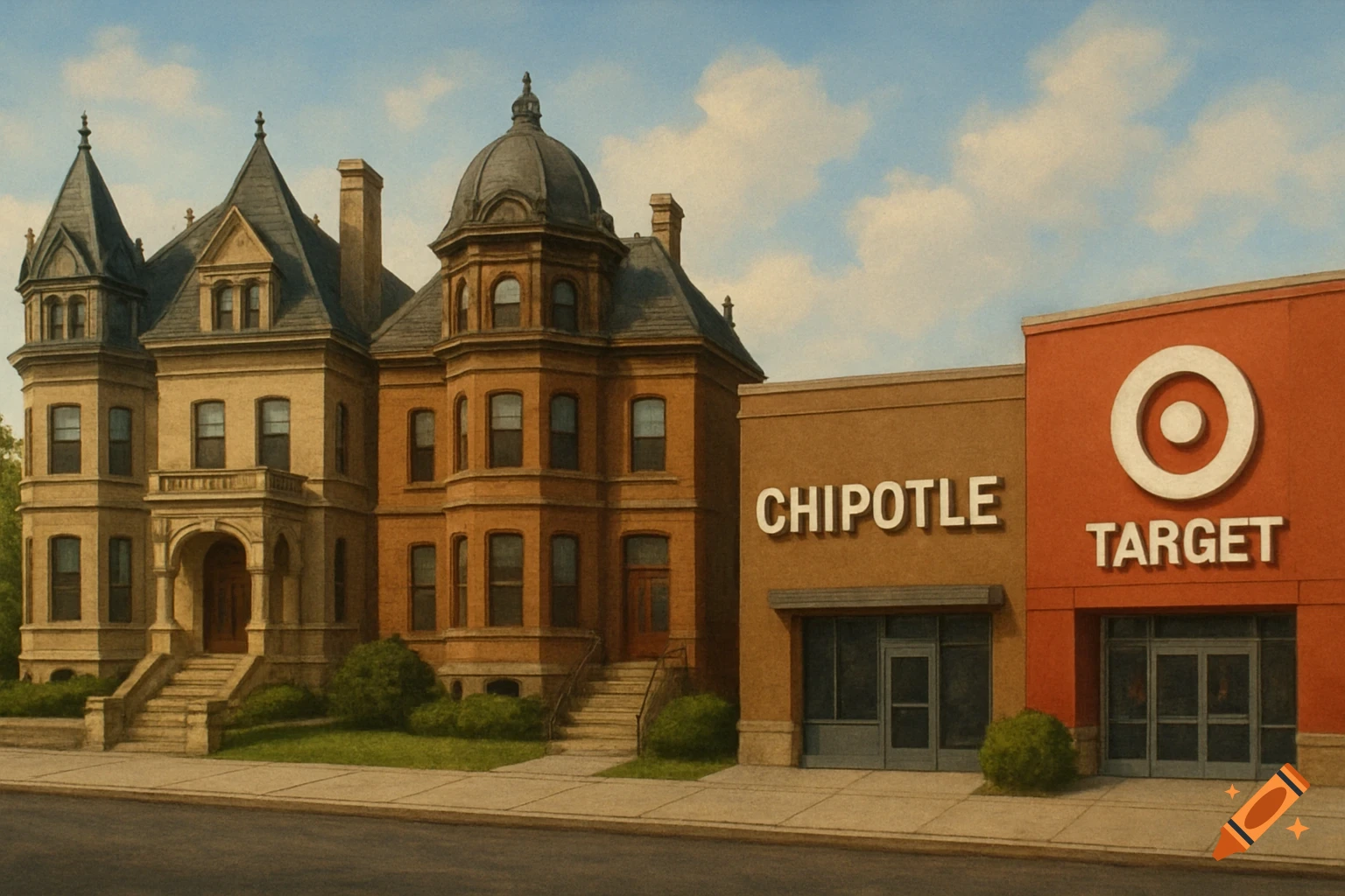 Two grand mansions stand next to a modern Chipotle and Target store on a street, under a cloudy sky.