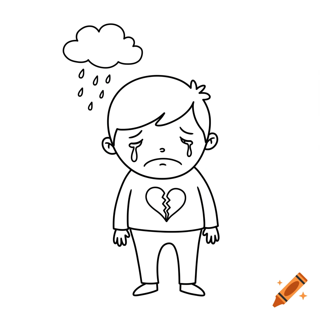 Black-and-white line drawing of a sad cartoon boy crying with a broken heart on his chest and a rain cloud above him.