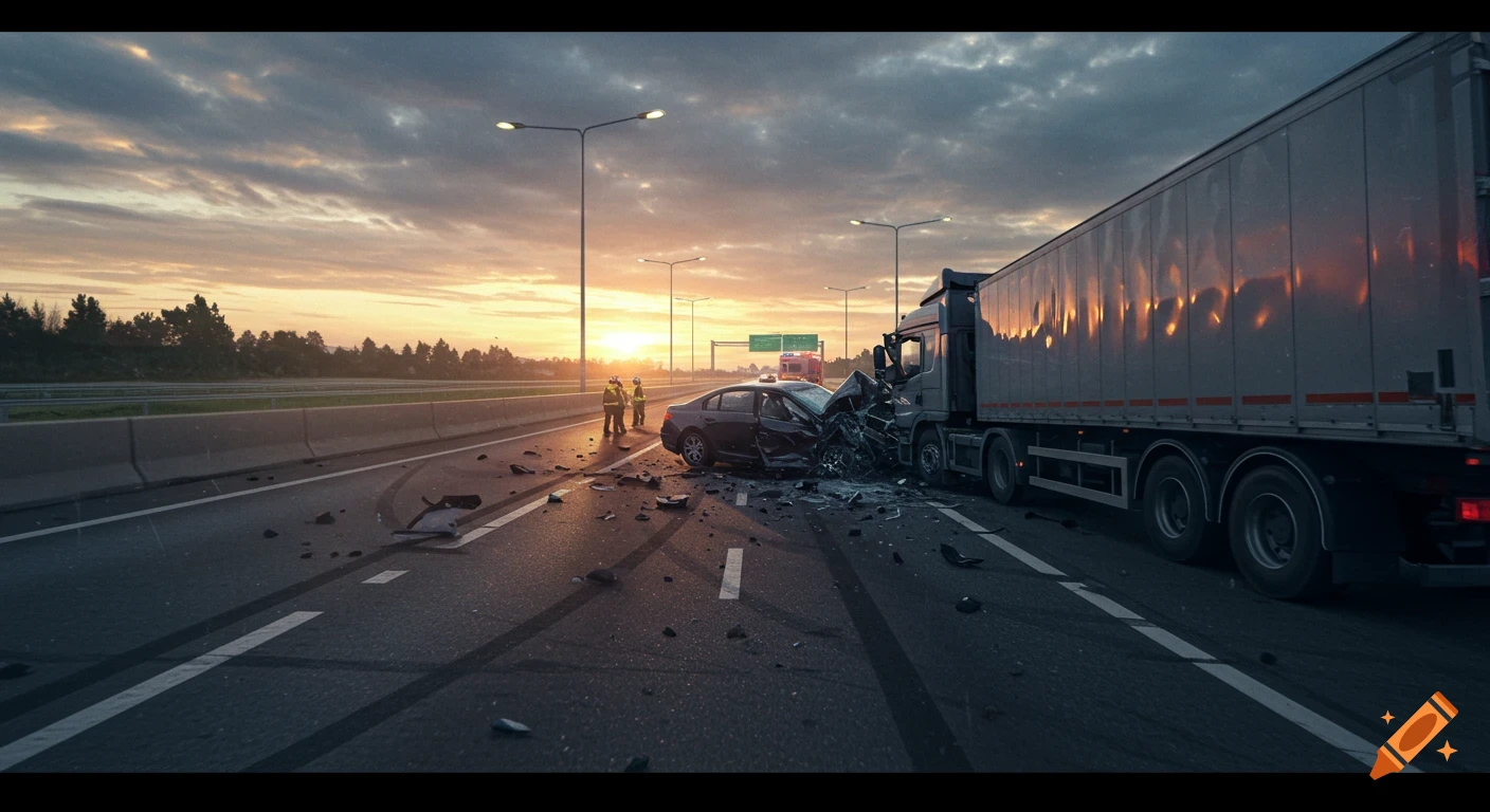 Photorealistic image of a truck and car after a major accident on a highway at sunset, with debris scattered on the road.