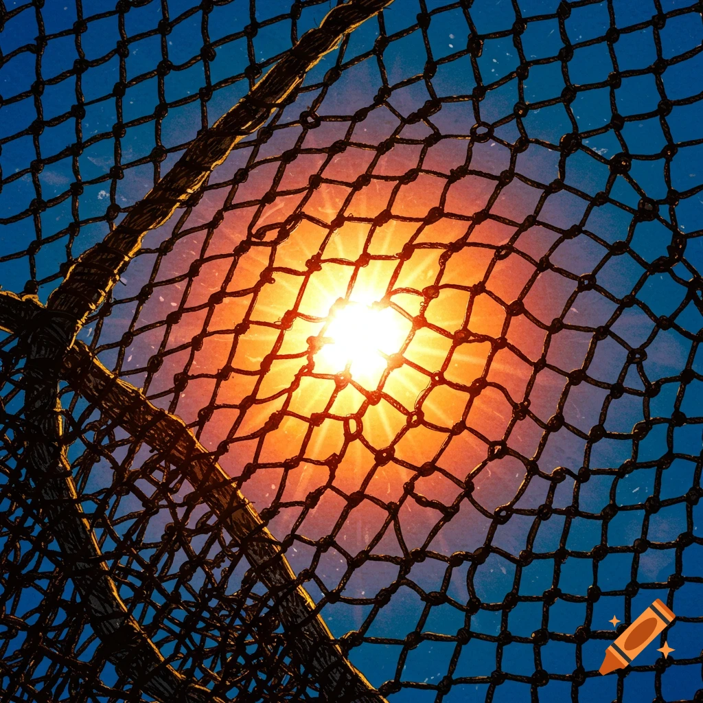Bright sunburst shining through a dark fishing net against a blue sky, creating a vibrant orange glow.
