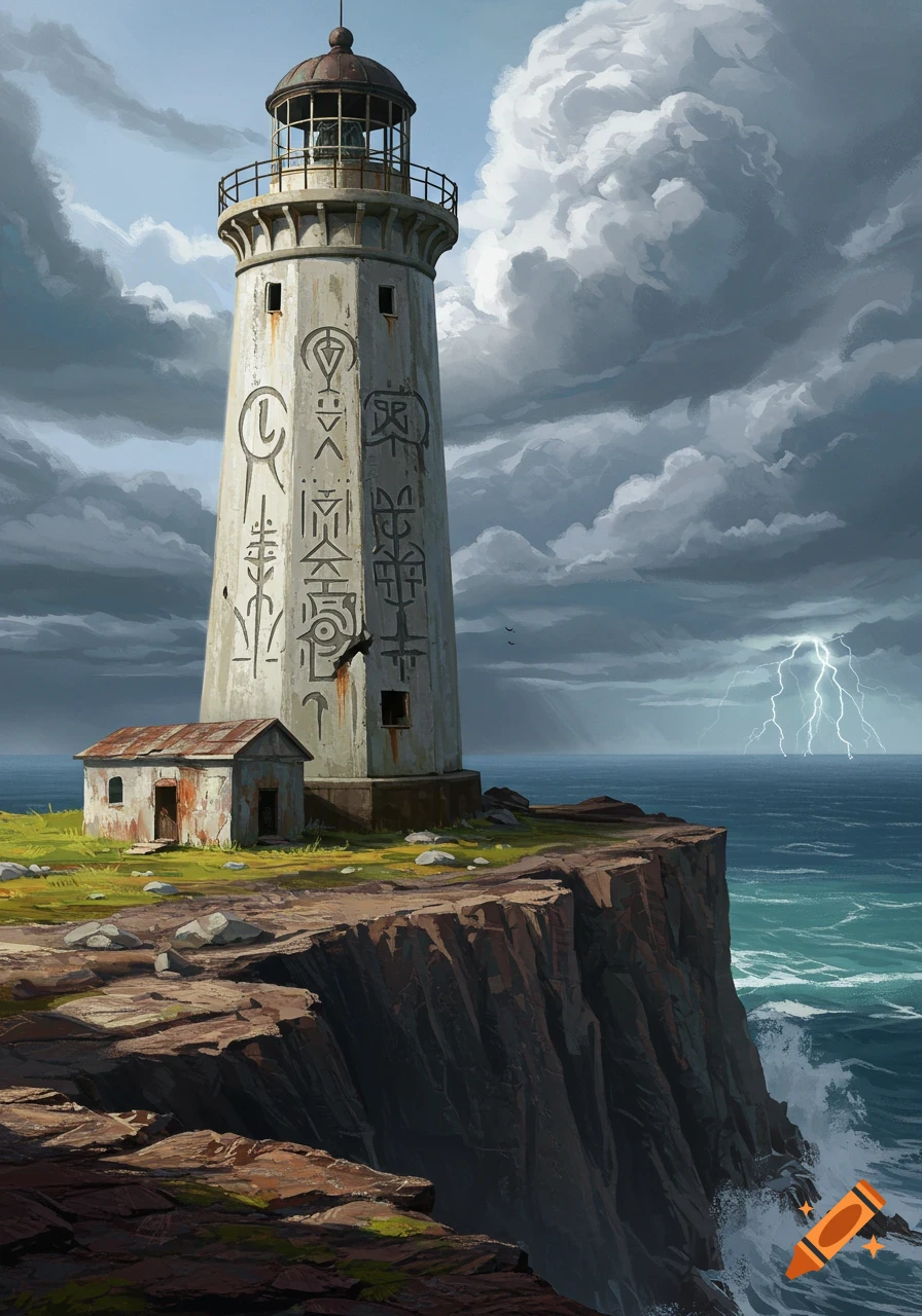 A desolate lighthouse with tribal markings stands on a rugged cliff overlooking a stormy ocean with lightning in the distance, rendered in a dramatic digital painting style.