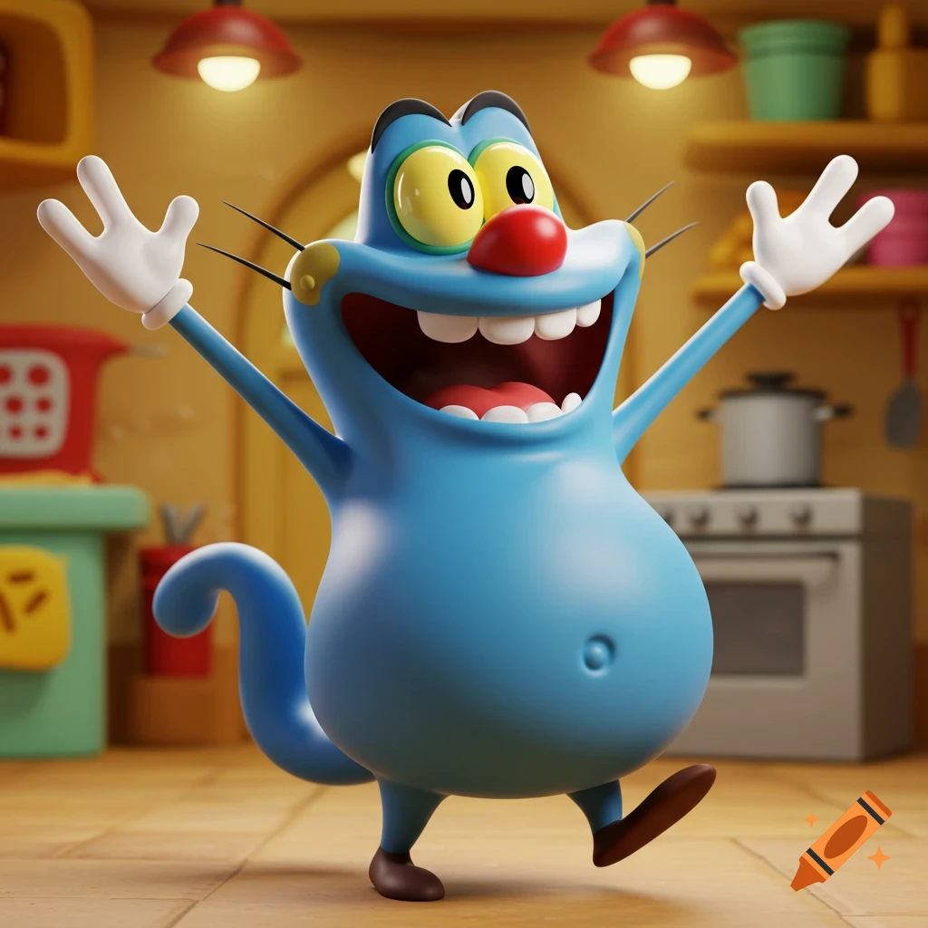 A happy 3D cartoon blue cat-like character, Oggy, stands in a kitchen with arms raised.