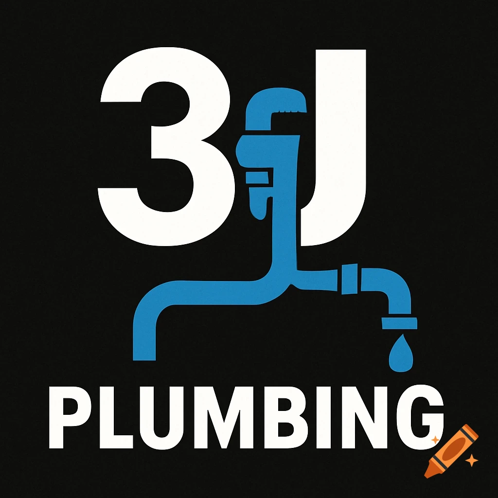 A black background with a white '3J' logo. The 'J' is stylized as a blue pipe wrench connected to a pipe system with a dripping faucet, and the word 'PLUMBING' in white text below.