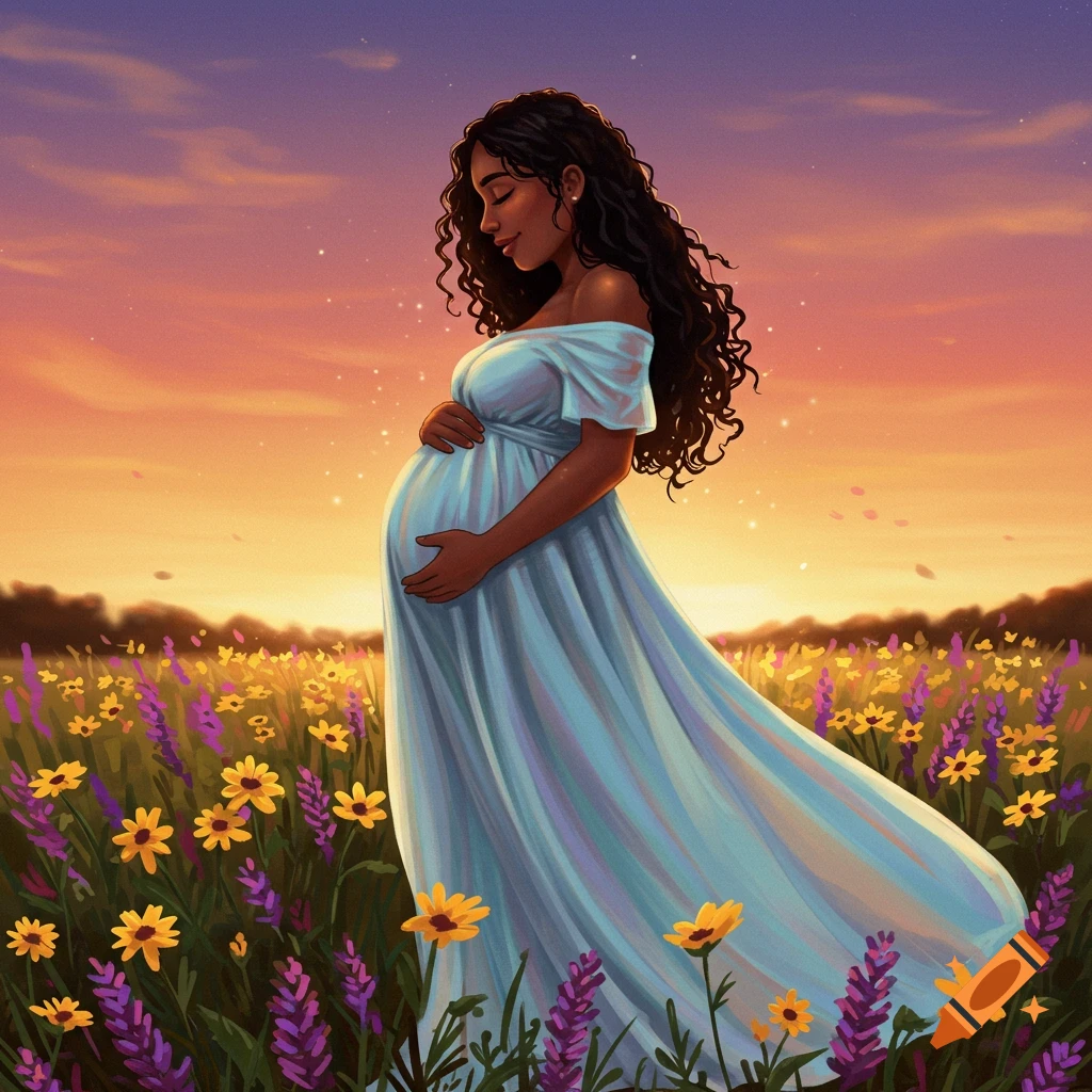 An artistic illustration of a pregnant woman in a light blue dress standing in a field of yellow and purple flowers under a sunset sky.