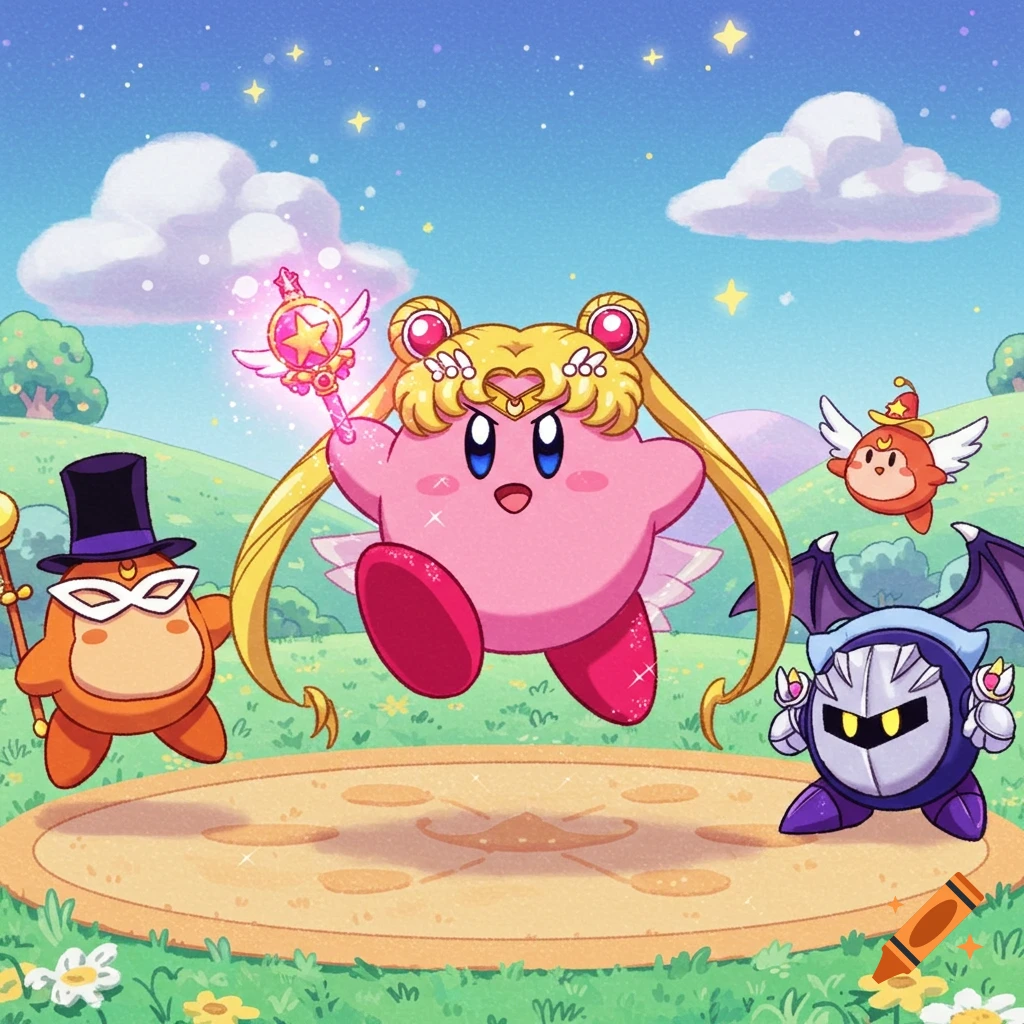 Kirby dressed as Sailor Moon floats with a magic wand above a platform, joined by Meta Knight and two Waddle Dees in a colorful anime landscape.