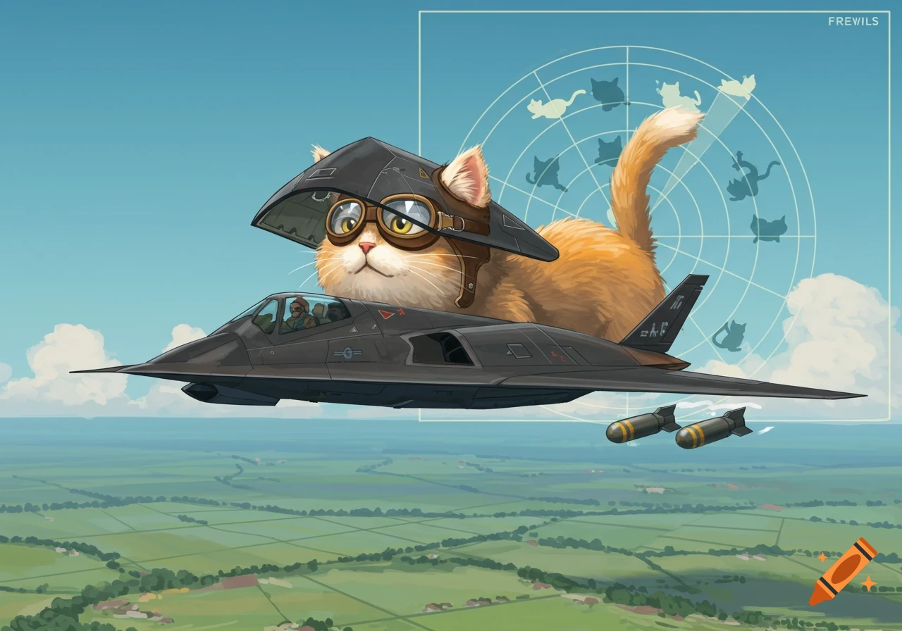 A stylized cartoon orange cat in aviator goggles sits on top of a black stealth bomber flying low over green fields, with a radar screen showing cat silhouettes in the background.