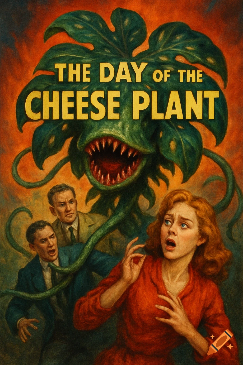 Retro horror movie poster for 'The Day of the Cheese Plant' with a giant monstrous plant attacking people.