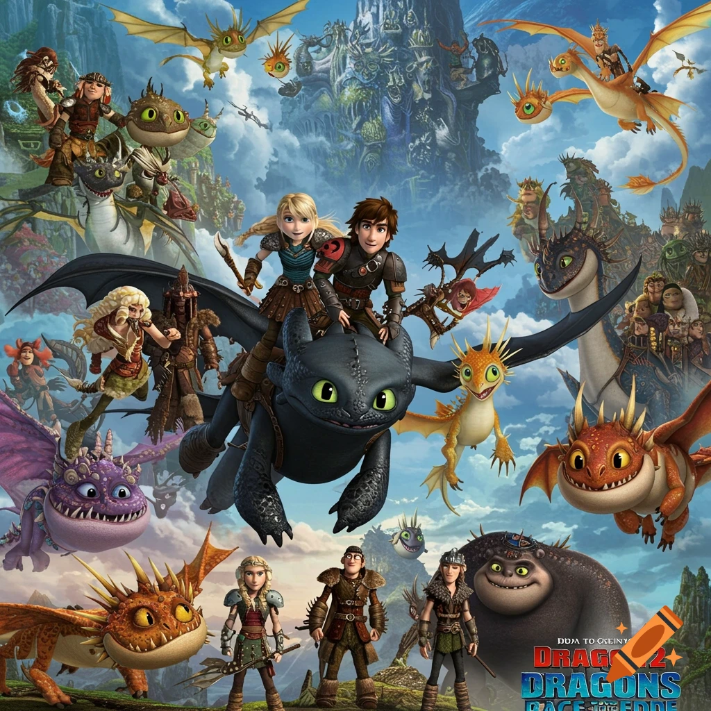 A vibrant collage of characters and dragons from How to Train Your Dragon 2 and Dragons: Race to the Edge, including Hiccup, Astrid, and Toothless, against a cloudy sky.