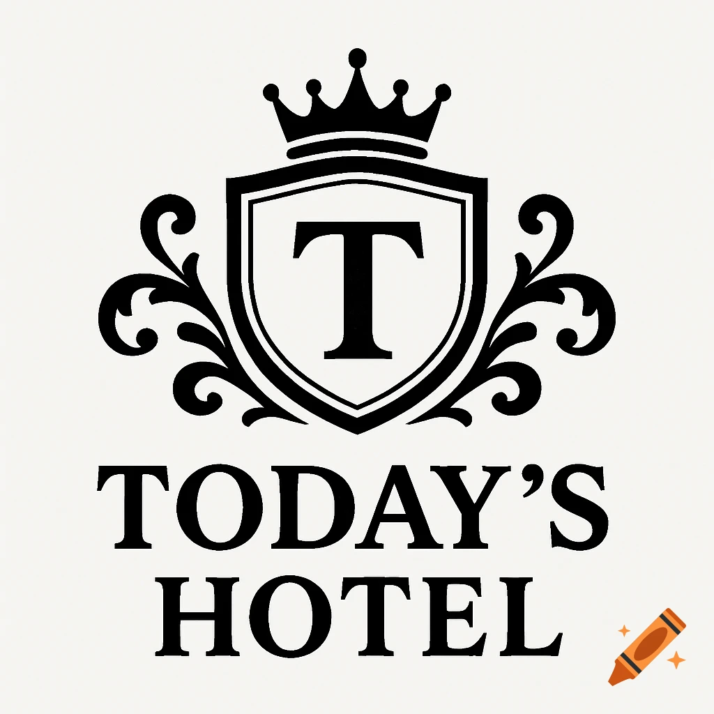 A black and white logo for Today's Hotel, featuring a crowned shield with the letter T.