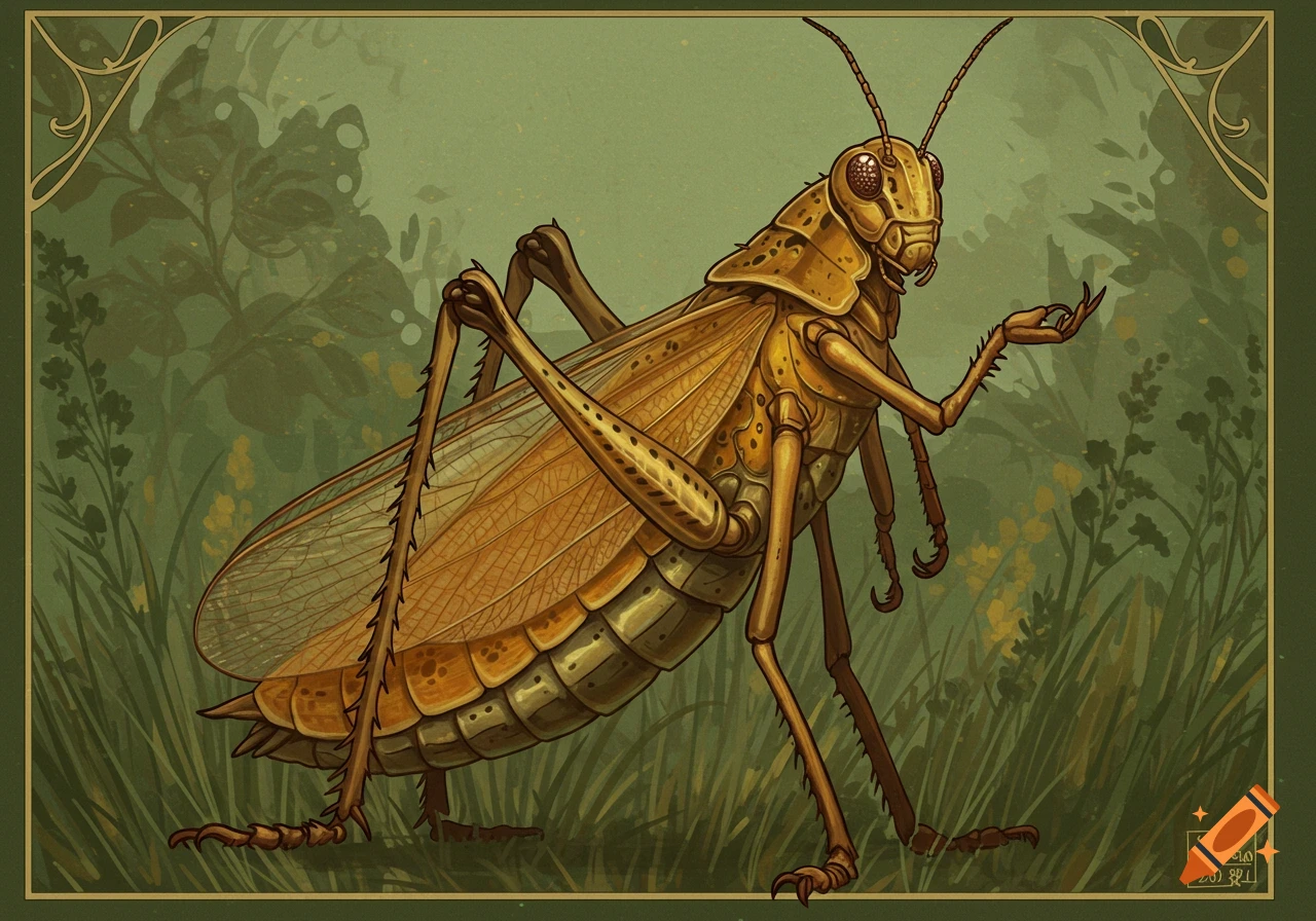 A large, golden-brown locust stands upright against a green, leafy background, gesturing with its front legs in an illustrative style.
