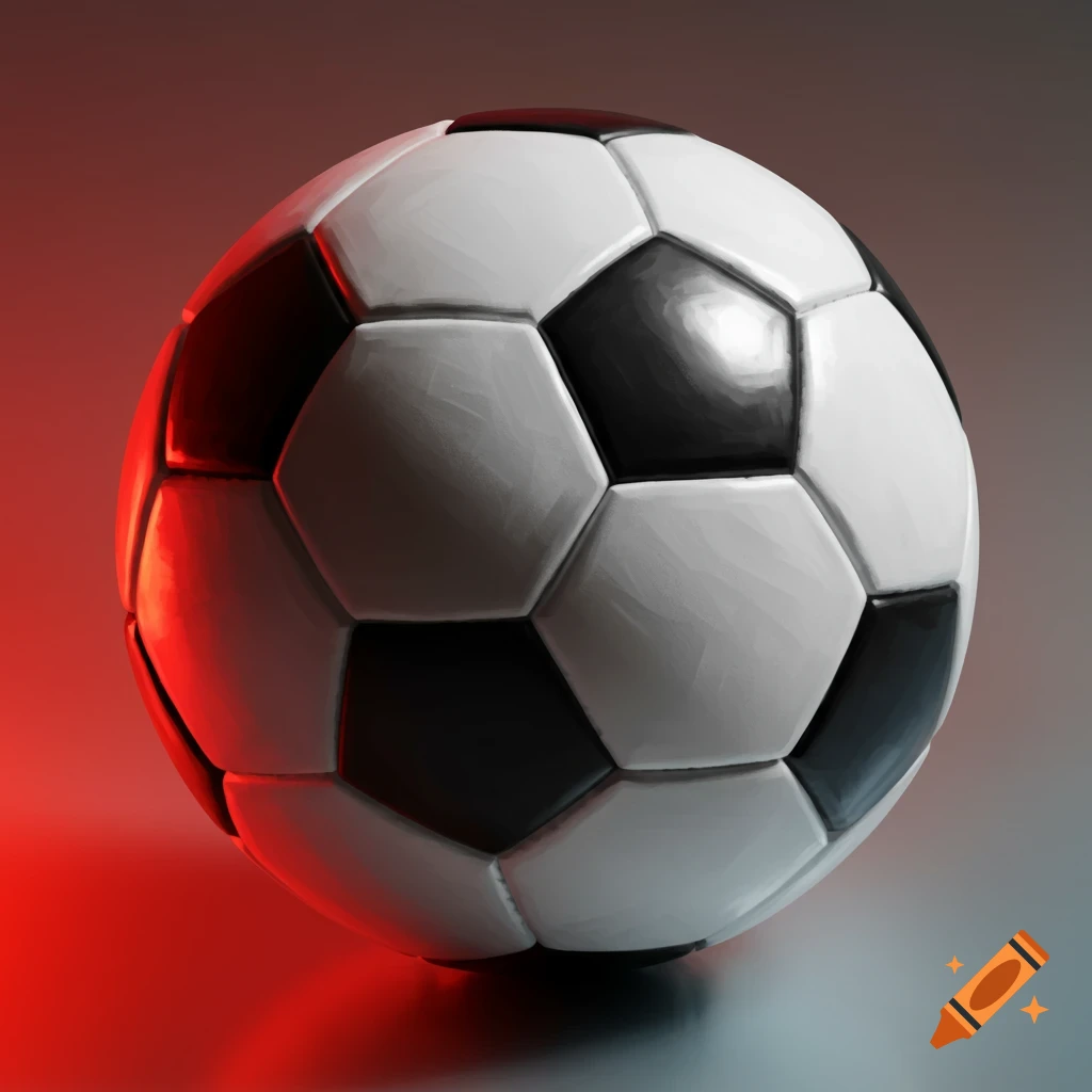 A black and white soccer ball with red light reflecting on its side, casting a glow on the surface.