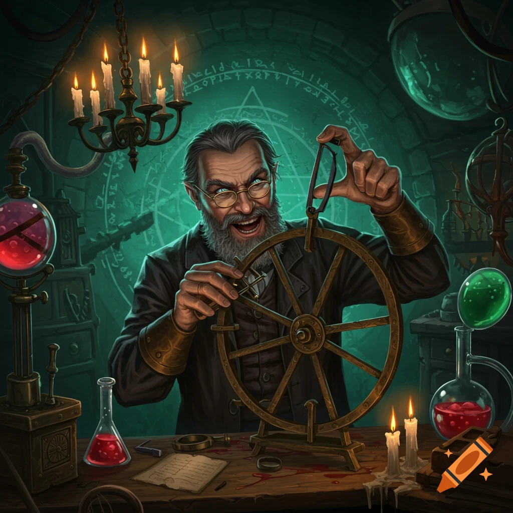 An eccentric grey-bearded genius in a dark lab, wearing glasses and a coat, gleefully examining a wooden wheel contraption with tools and vials, surrounded by candles and arcane symbols.