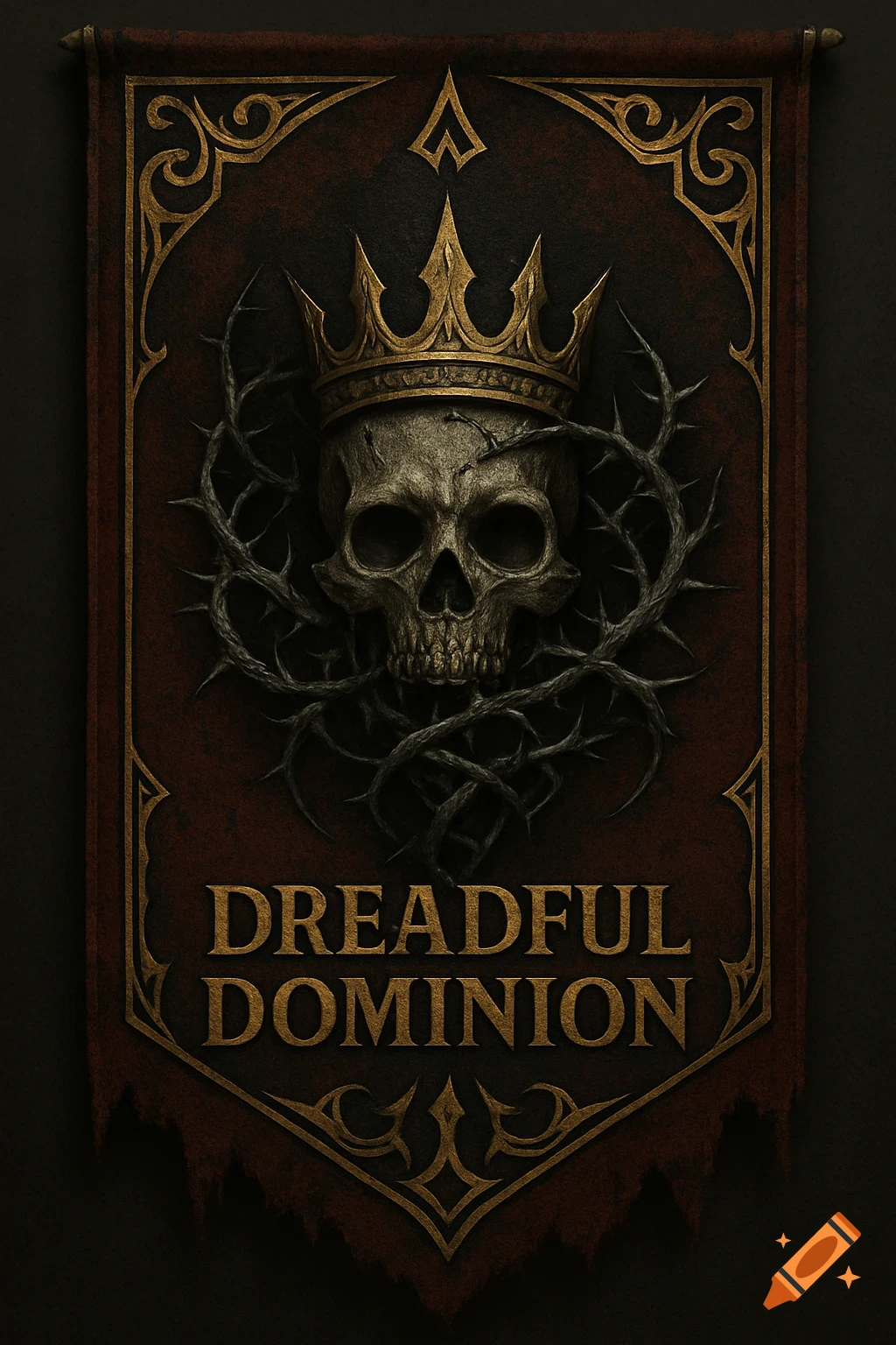 A dark fantasy banner features a crowned skull entangled in thorny vines, with gold filigree and the text 'Dreadful Dominion'.