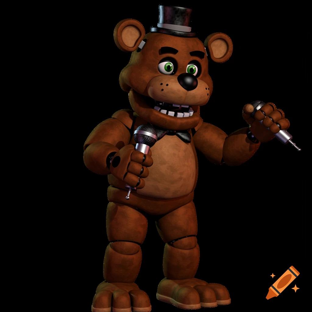 A brown animatronic bear wearing a black top hat and bowtie, holding two microphones against a black background.