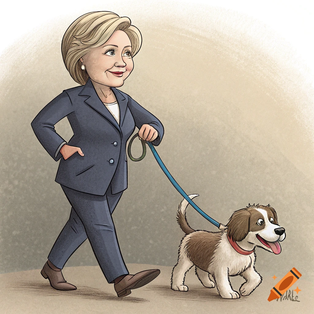 Cartoon caricature of Hillary Clinton walking a small, fluffy brown and white dog on a blue leash.