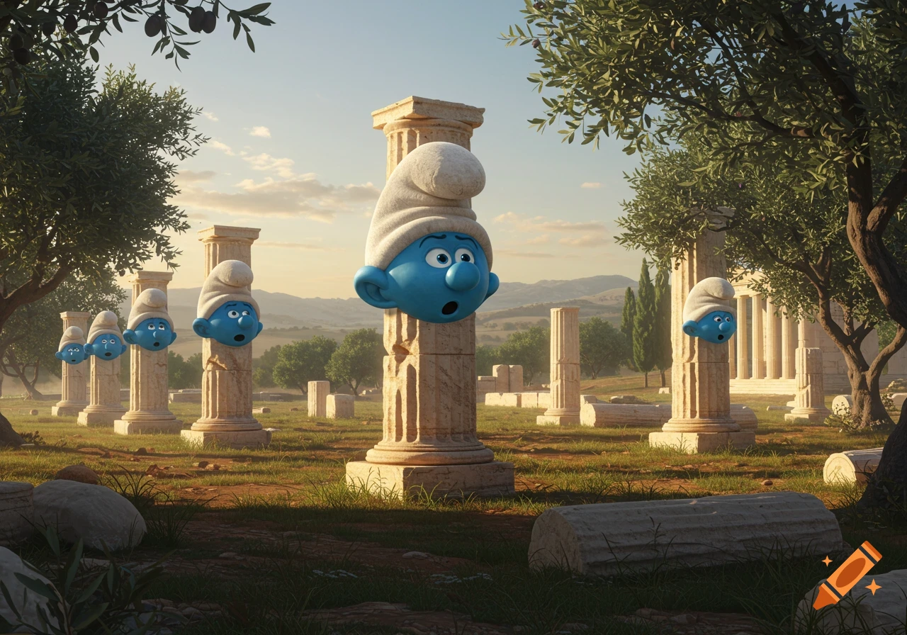 Smurf heads on ancient Greek herm statues in a field of ruins under a sunset sky.