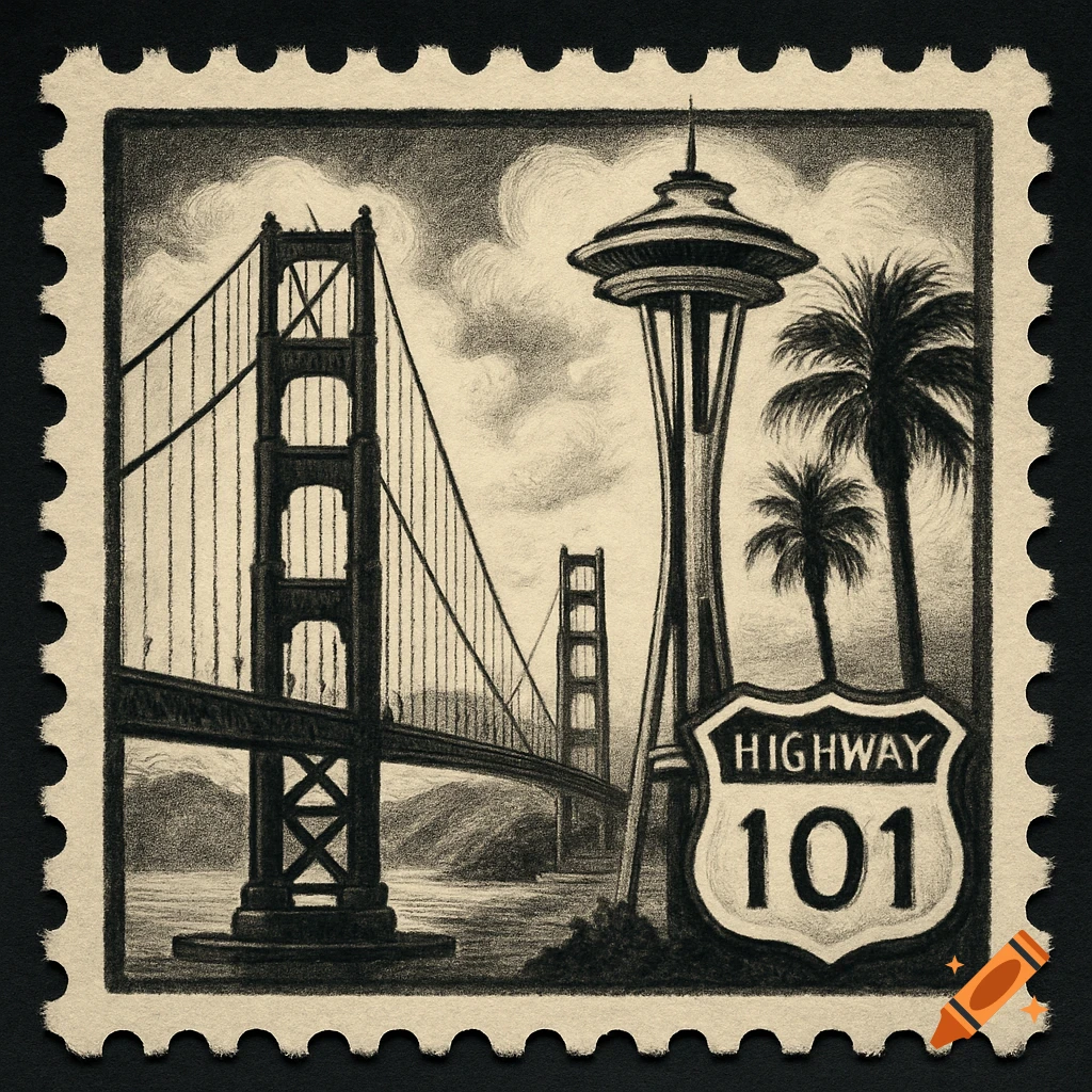 A vintage black and white postage stamp featuring the Golden Gate Bridge, Space Needle, palm trees, and a Highway 101 sign.