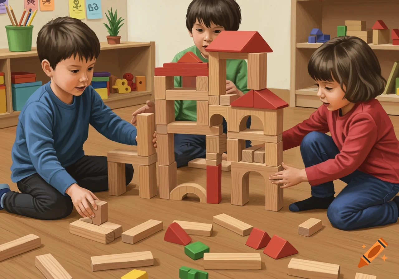 Three young children, two boys and one girl, build a large structure with wooden blocks on a wooden floor in a playroom.