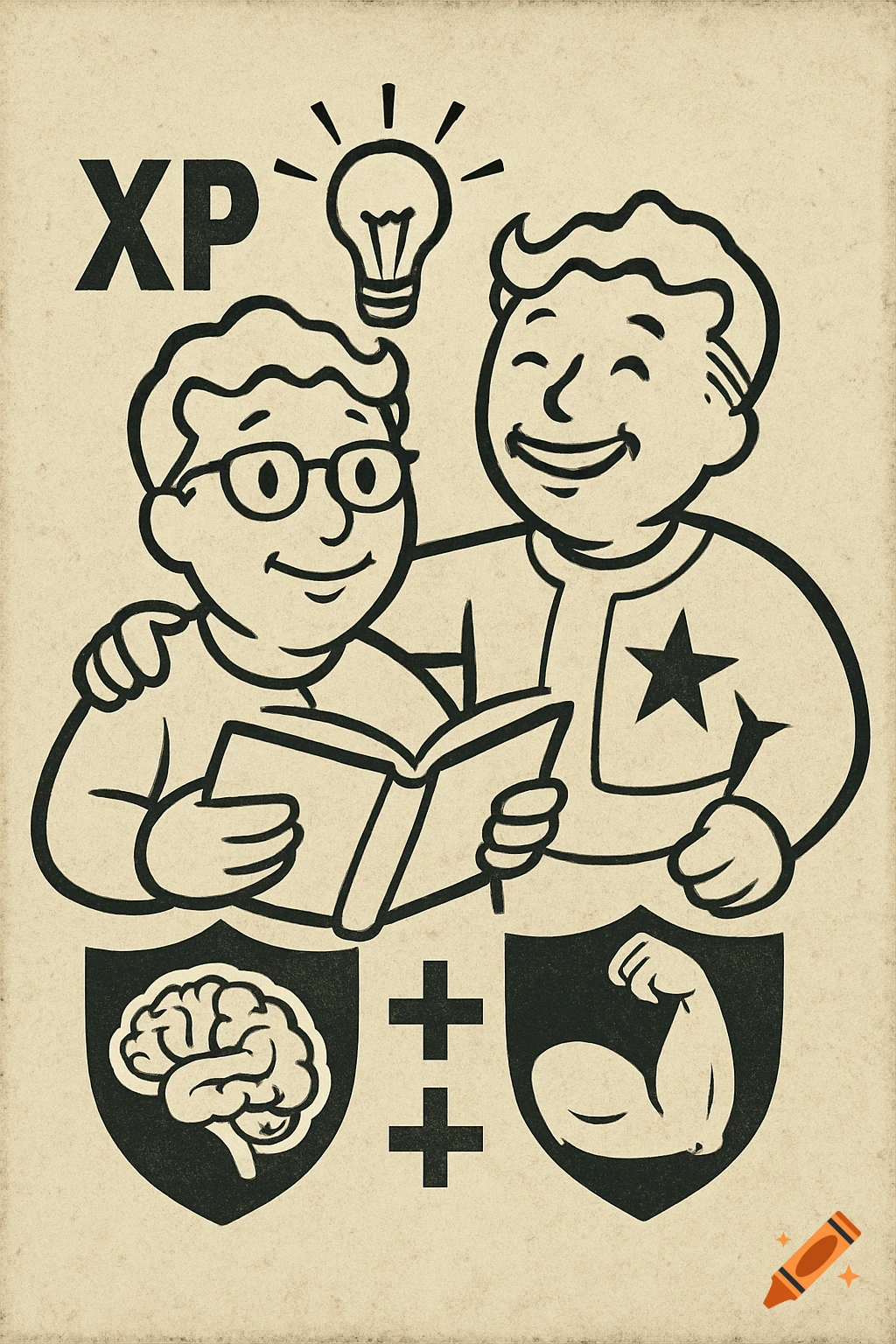 A black and white cartoon icon in Fallout's Vault Boy style, depicting a character with glasses reading a book next to a smiling character. Above them is a lightbulb and 'XP', with a brain and flexing bicep below.