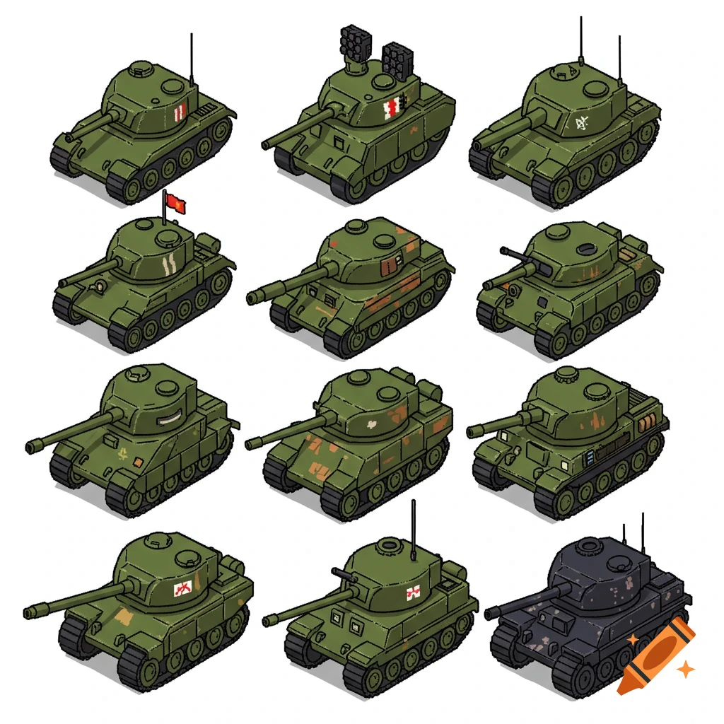 A sprite sheet displaying twelve distinct isometric pixel art tanks in various shades of green and one dark grey, each with unique markings.