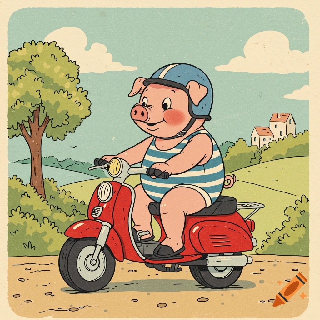 A vintage cartoon pig wearing a helmet and striped swimsuit rides a red moped on a dirt road, with trees and houses in the background.