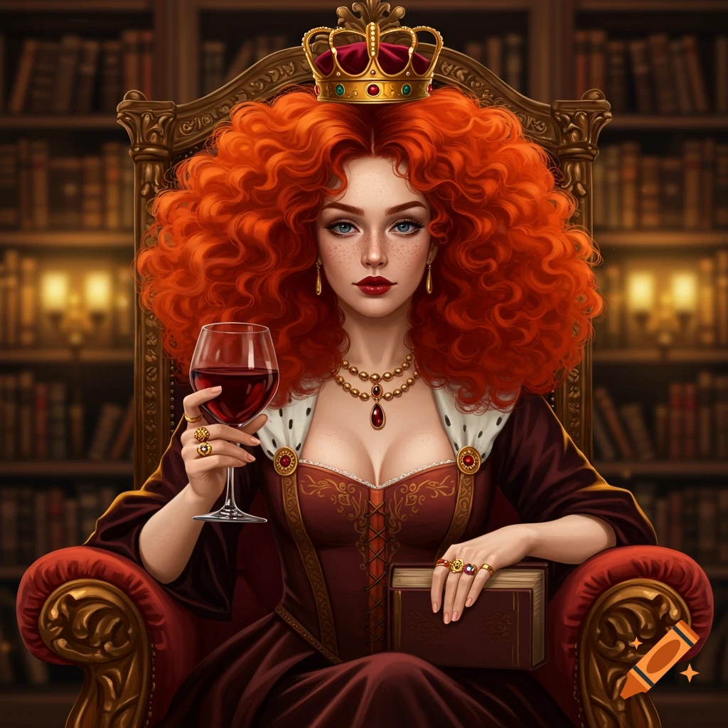 Digital art portrait of a red-haired queen wearing a crown and elaborate dress, holding a glass of wine and a book, seated on a throne in a library.