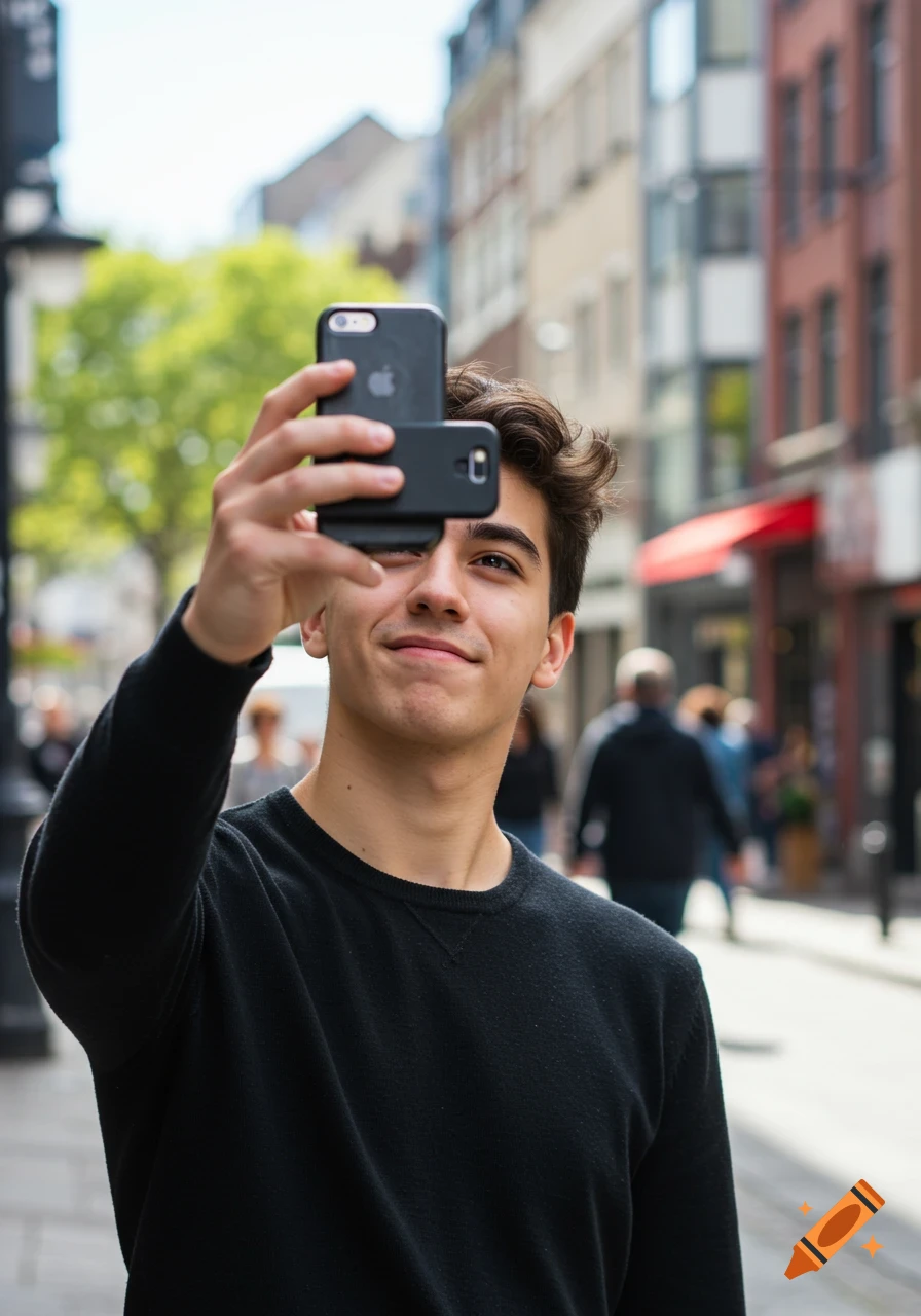 A young man smiling and holding up two smartphones to take a selfie on a city street.