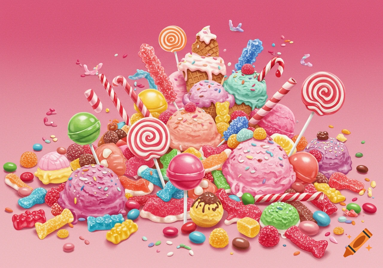 A vibrant illustration of a large pile of colorful candies, lollipops, candy canes, gummy bears, chocolates, and ice cream scoops with sprinkles on a pink background.