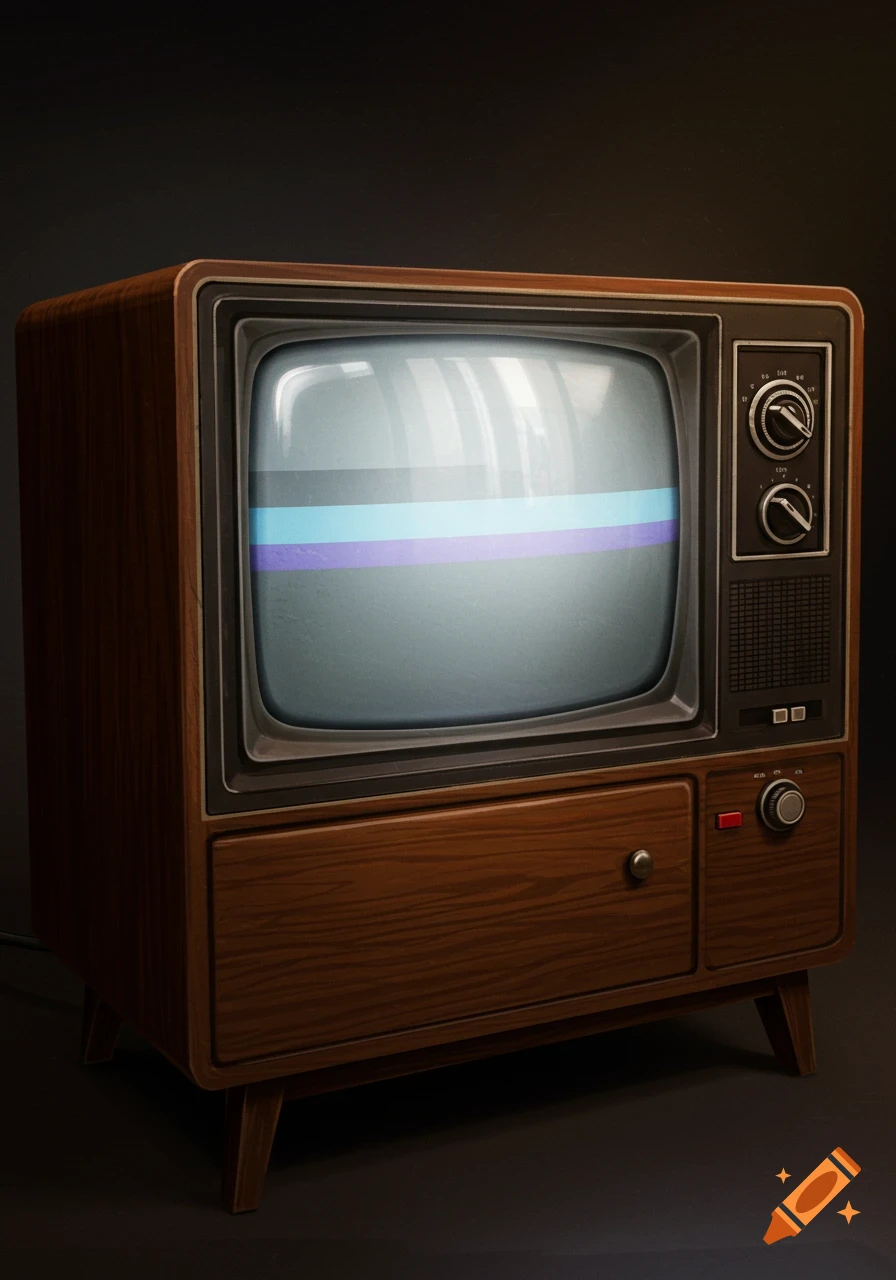 A vintage wood-encased television with a glowing screen displaying colorful horizontal bars.