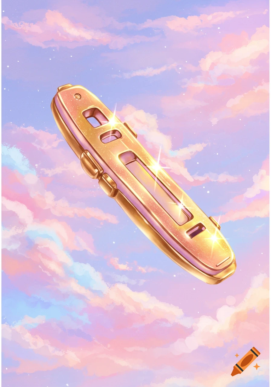 A golden, sparkling kazoo floats diagonally in a whimsical pastel sky with pink and blue clouds and white speckles.