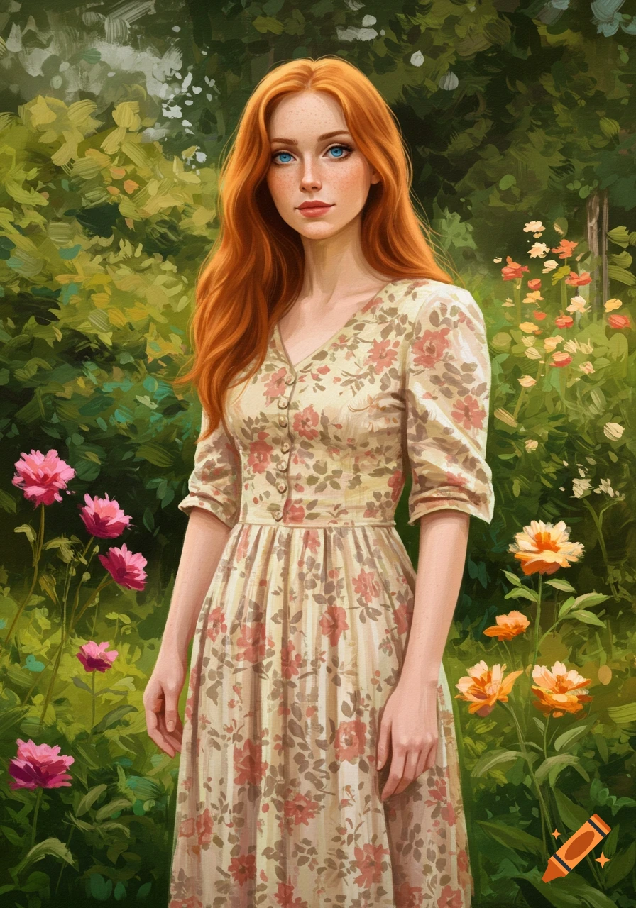 Digital painting of a red-haired woman with blue eyes in a floral dress standing in a lush garden.