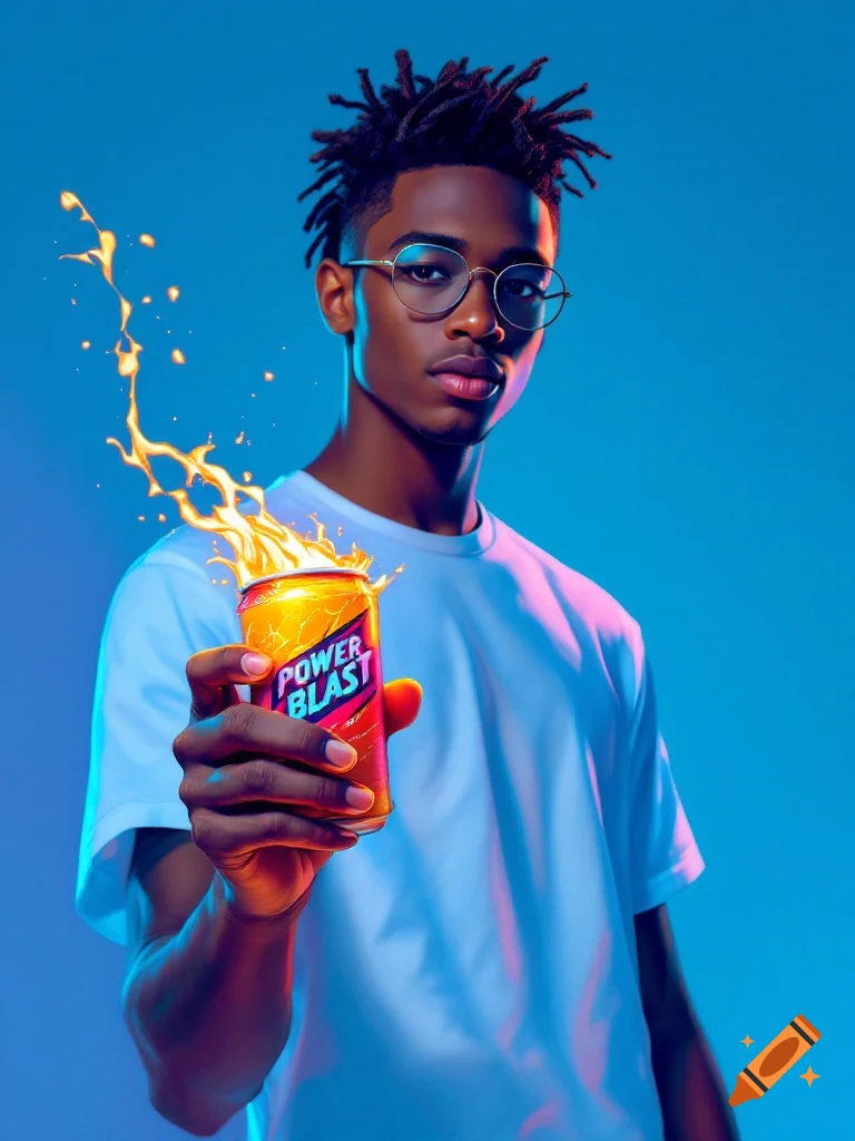 Young Black man with dreadlocks and glasses holds a glowing orange and pink 'POWER BLAST' energy drink can, against a vibrant blue background with neon lighting.