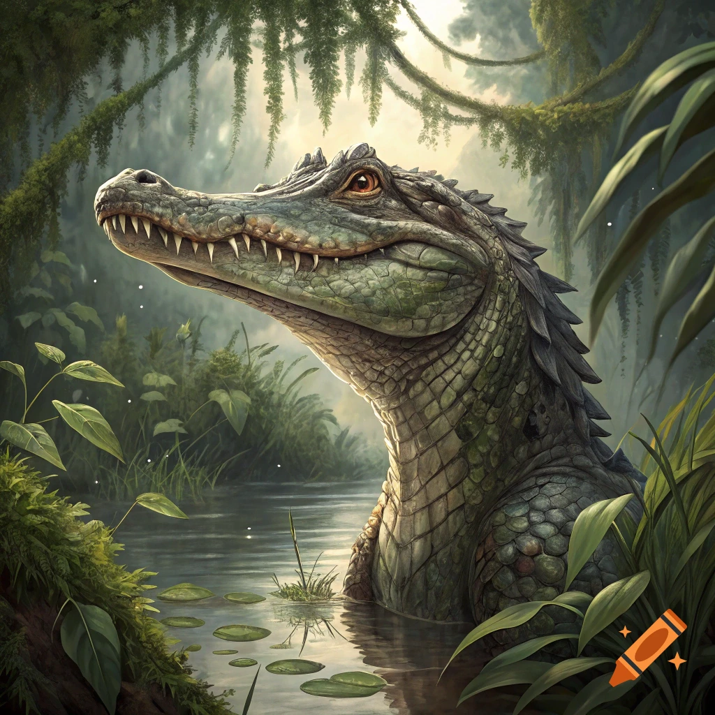 A detailed illustration of an alligator emerging from swamp water in a lush, sunlit jungle.