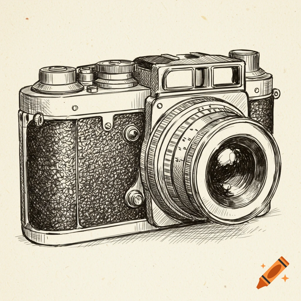 A detailed black and white ink sketch of a vintage camera on a textured beige background.