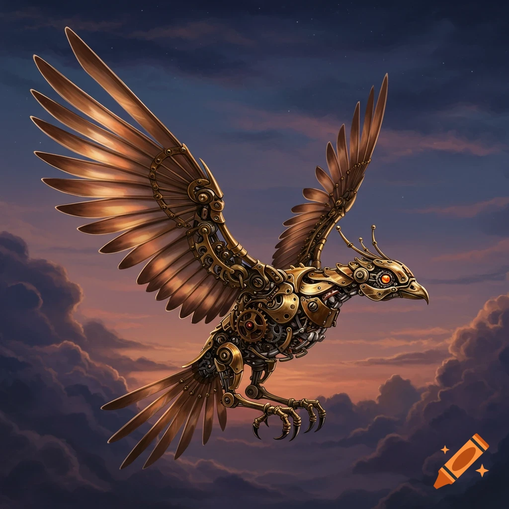 A detailed steampunk mechanical bird with bronze wings flying in a dramatic cloudy dusk sky.