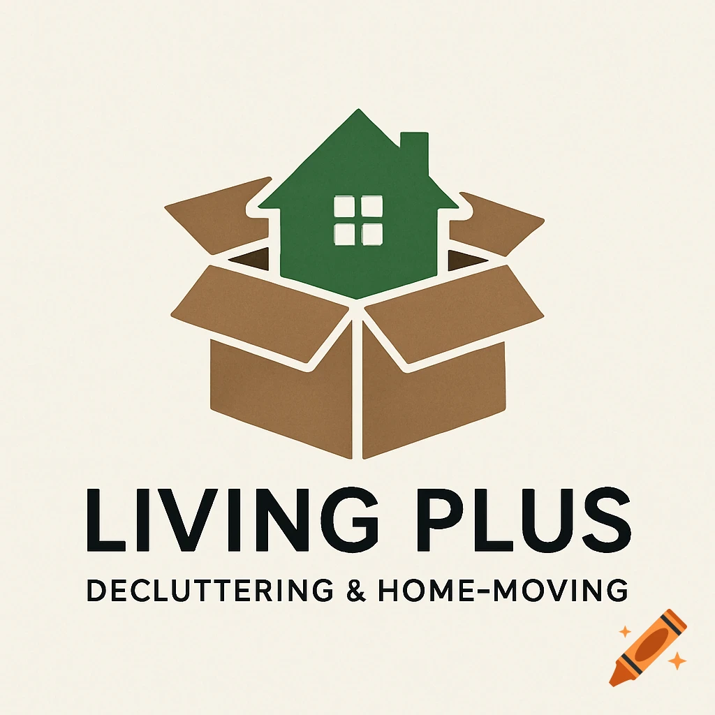 A company logo features a green house inside an open brown cardboard box, with the words "LIVING PLUS DECLUTTERING & HOME-MOVING" below it.