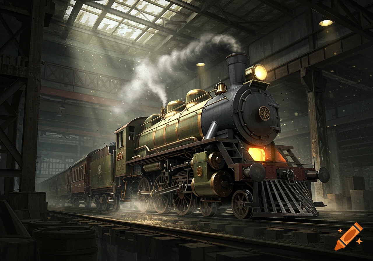 A majestic, green and gold steam train emits smoke in a dusty, dimly lit warehouse with light shafts from the ceiling.