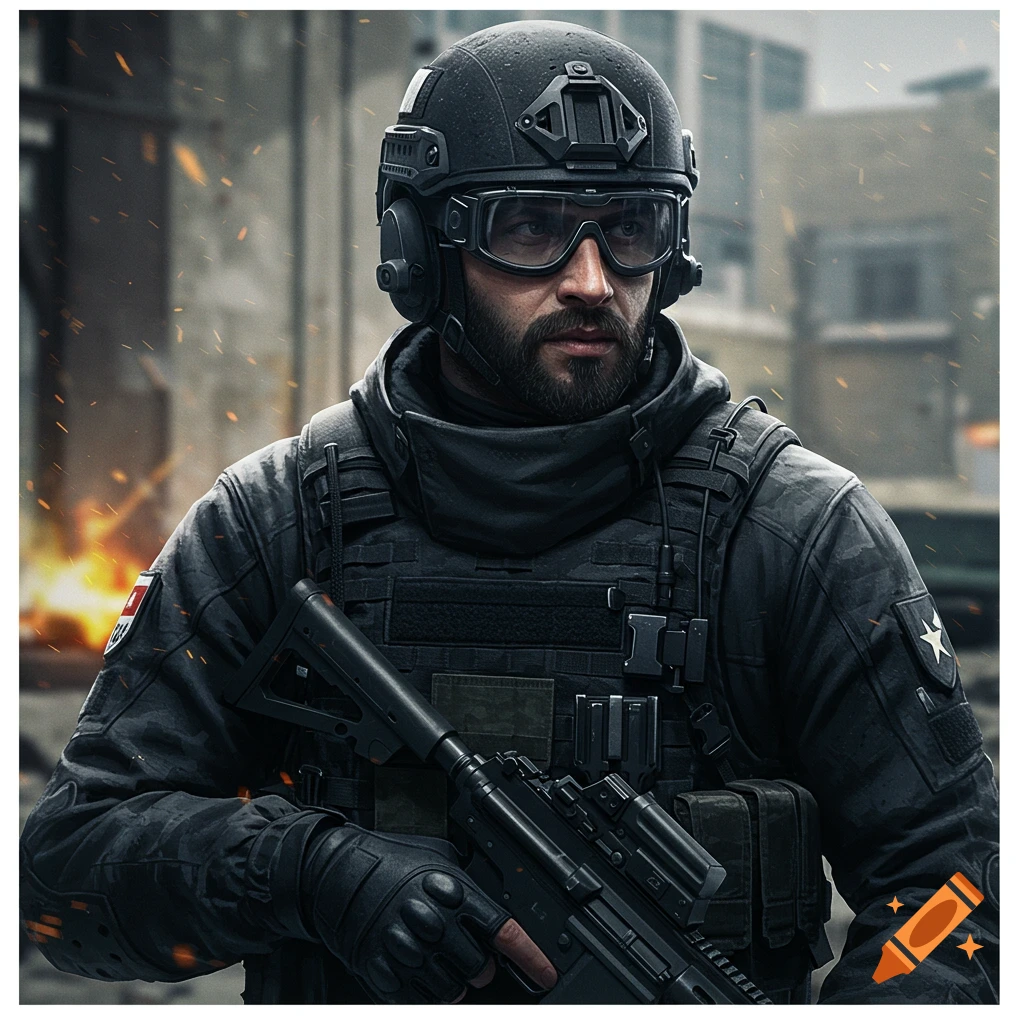 Photorealistic image of a tactical operator in black gear, helmet, and goggles, holding a rifle, with a blurred background of a ruined city.