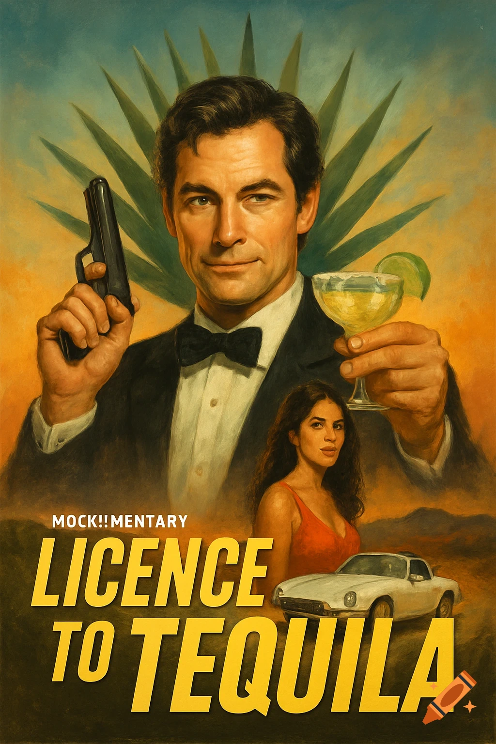 A vintage style movie poster featuring a man in a tuxedo holding a gun and a margarita, with a woman in a red dress and a white car in the background. The title reads 'LICENCE TO TEQUILA'.