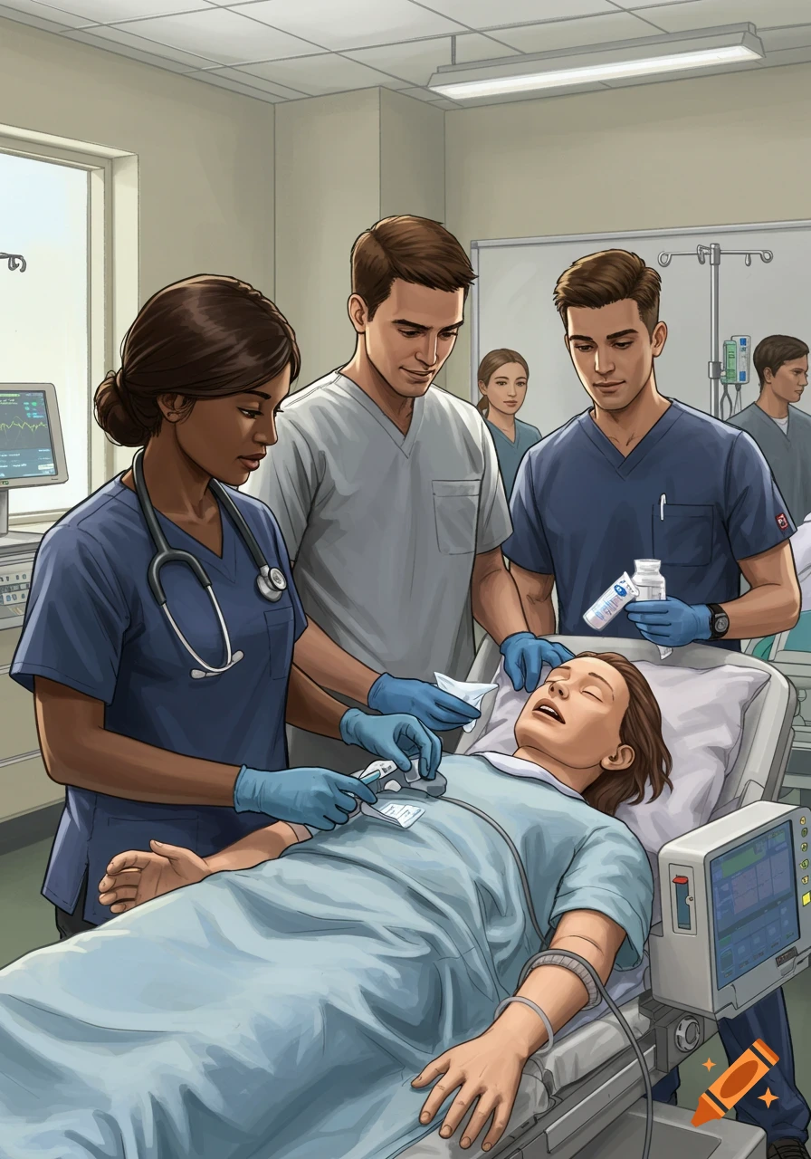 An illustration of medical professionals in scrubs tending to a patient lying in a hospital bed with medical equipment.