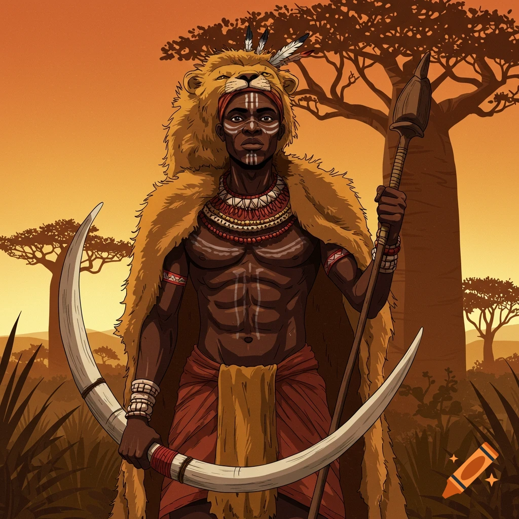 An African warrior wearing a lion skin, holding a large elephant tusk and a spear, standing in a savanna landscape with baobab trees.