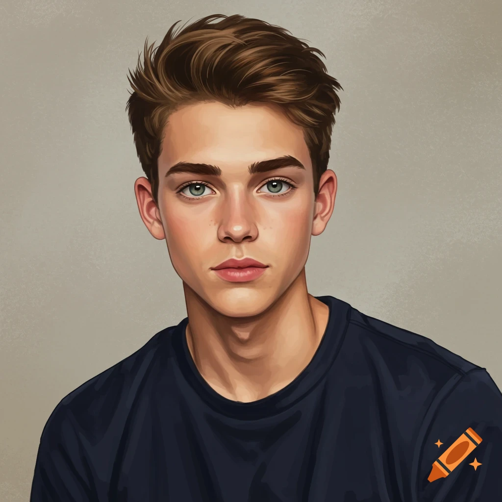 A digital painting of a young Caucasian man with brown hair and green eyes, wearing a dark blue t-shirt, looking directly at the viewer.