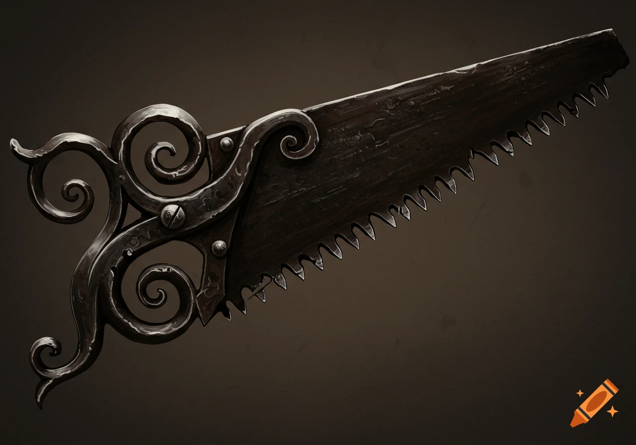 A dark, ornate wrought iron saw with a decorative handle on a dark background.