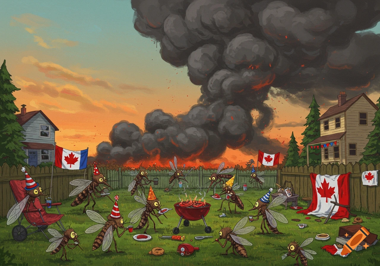 Cartoon mosquitos celebrate a backyard BBQ with Canadian flags as a large, ominous smoke cloud fills the orange sky from a nearby fire.