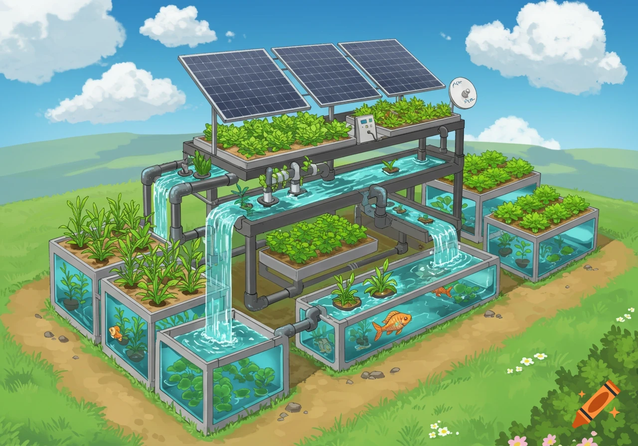 An aquaponics system with solar panels on top, featuring plants, fish in tanks, and flowing water, in an illustrative style.