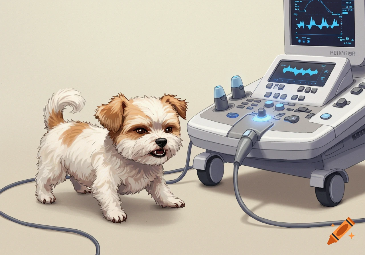 An illustration of a small, fluffy dog standing next to a veterinary ultrasound machine with a blue screen.