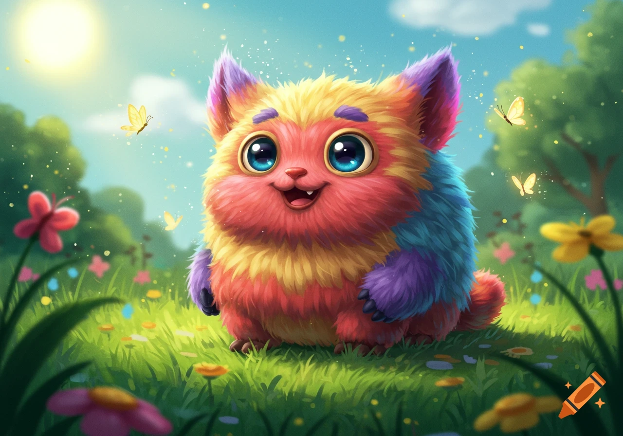A brightly colored, fluffy, cute fantasy creature with large blue eyes sits in a sunny green field with flowers and butterflies.