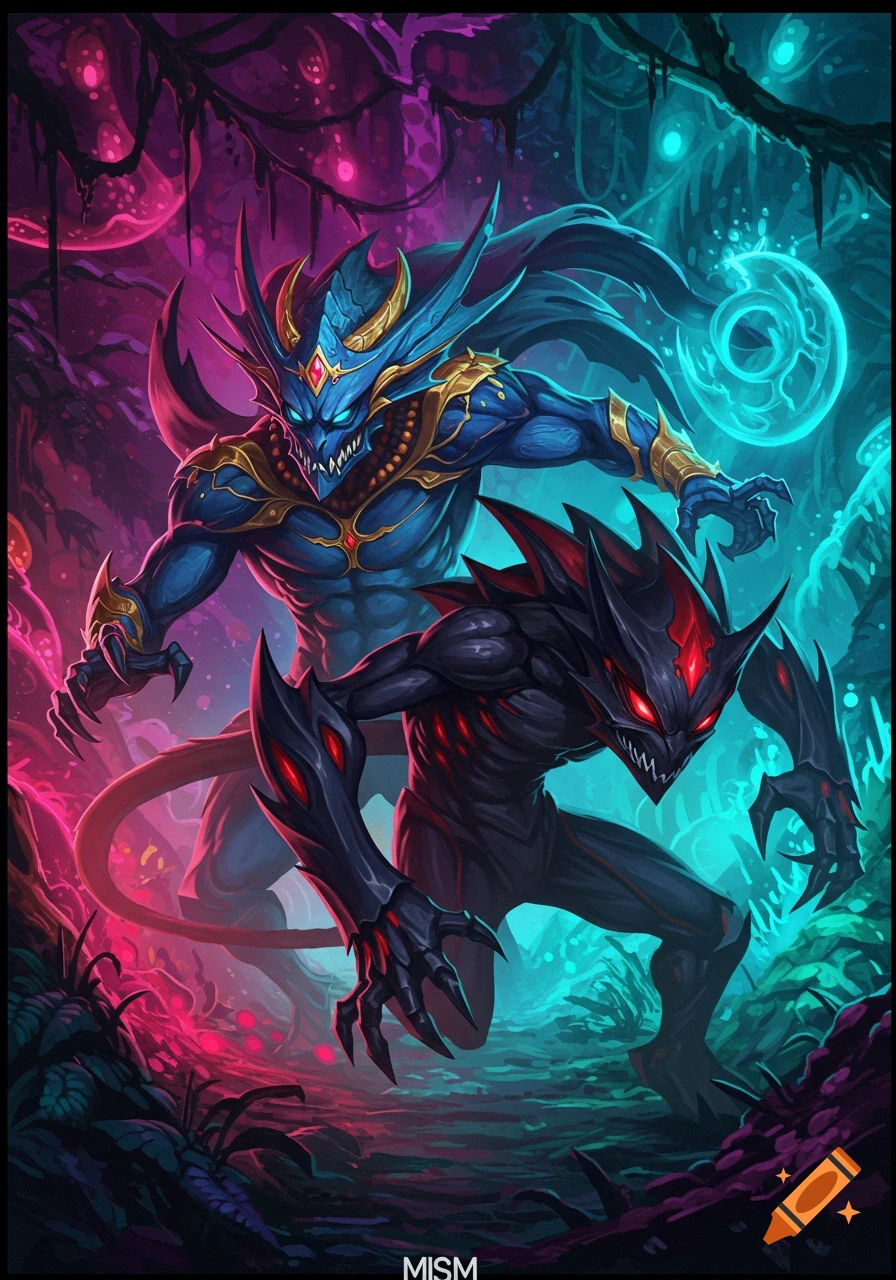 Two stylized monsters, a blue one with golden armor and a black one with red glowing eyes, stand in a neon-lit fantasy jungle.