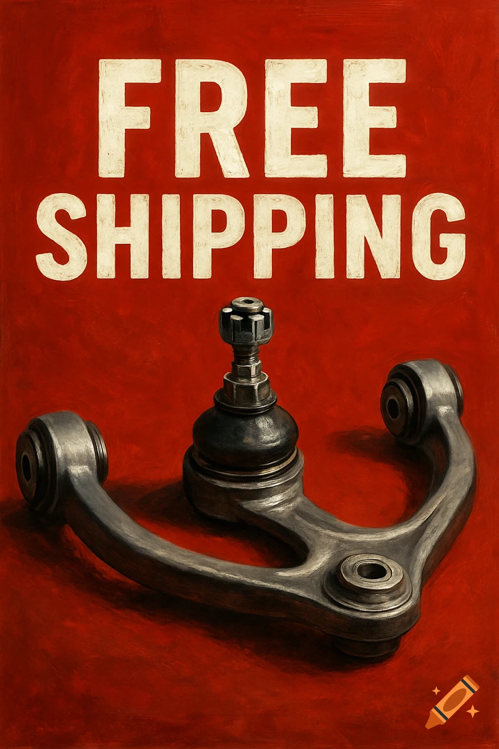 Free Shipping text above a metallic automotive control arm and ball joint on a vibrant red background in a realistic, painterly style.